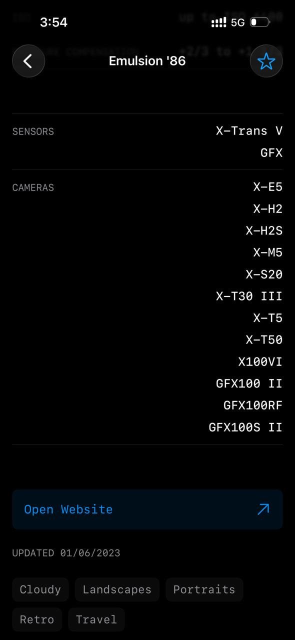 Screenshot of a mobile device displaying camera and sensor information for Fujifilm film simulation.