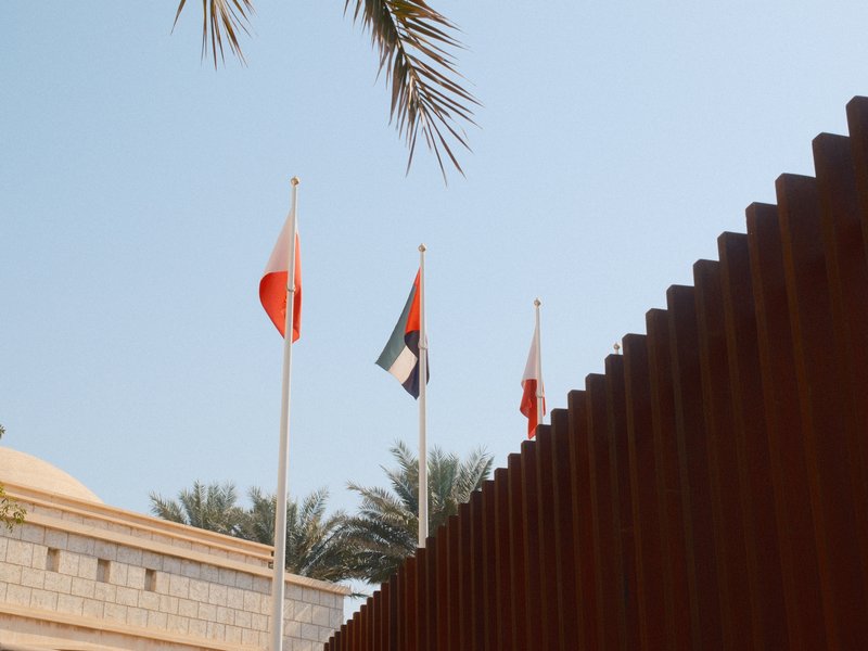 Three flags waving against a clear blue sky, with palm trees in the background.