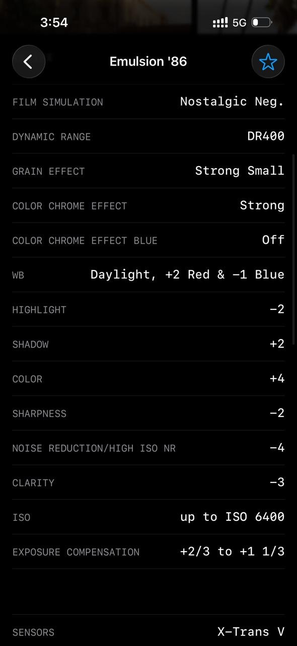 Photo editing settings for Fujifilm film simulation Emulsion '86 with various adjustments.