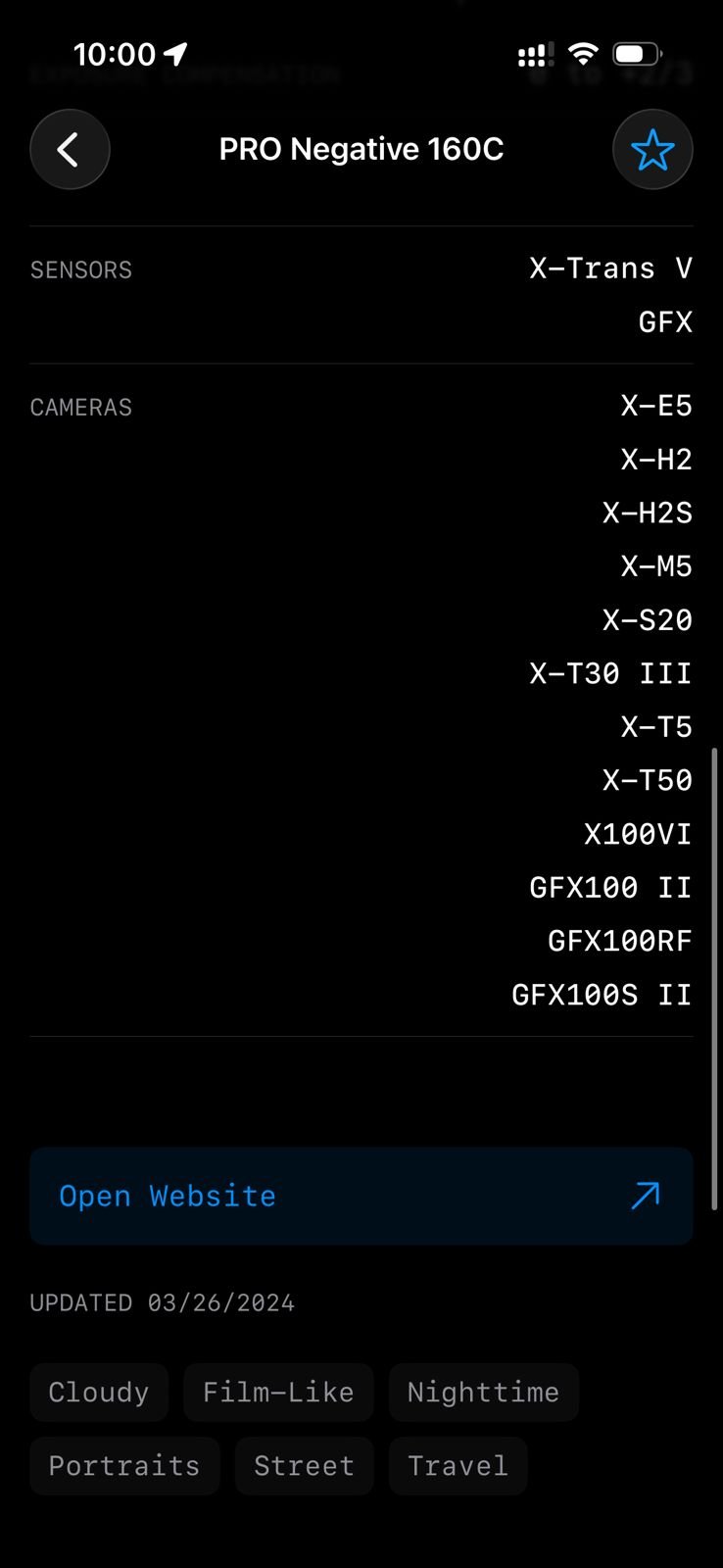 Screenshot of camera settings and film simulation recipe details on a mobile device.
