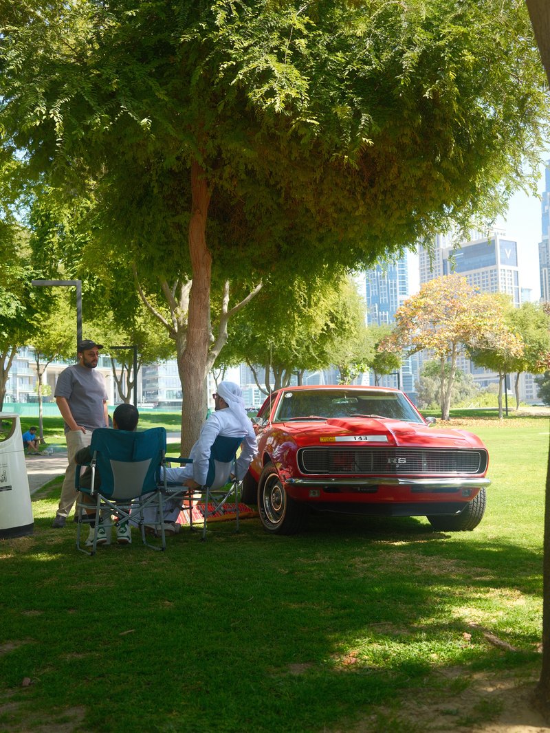 Two men sitting under a tree near a classic red car in a park with modern buildings in the background.