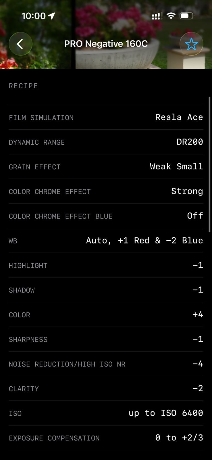Settings for Fujifilm film simulation recipe with various adjustments listed.