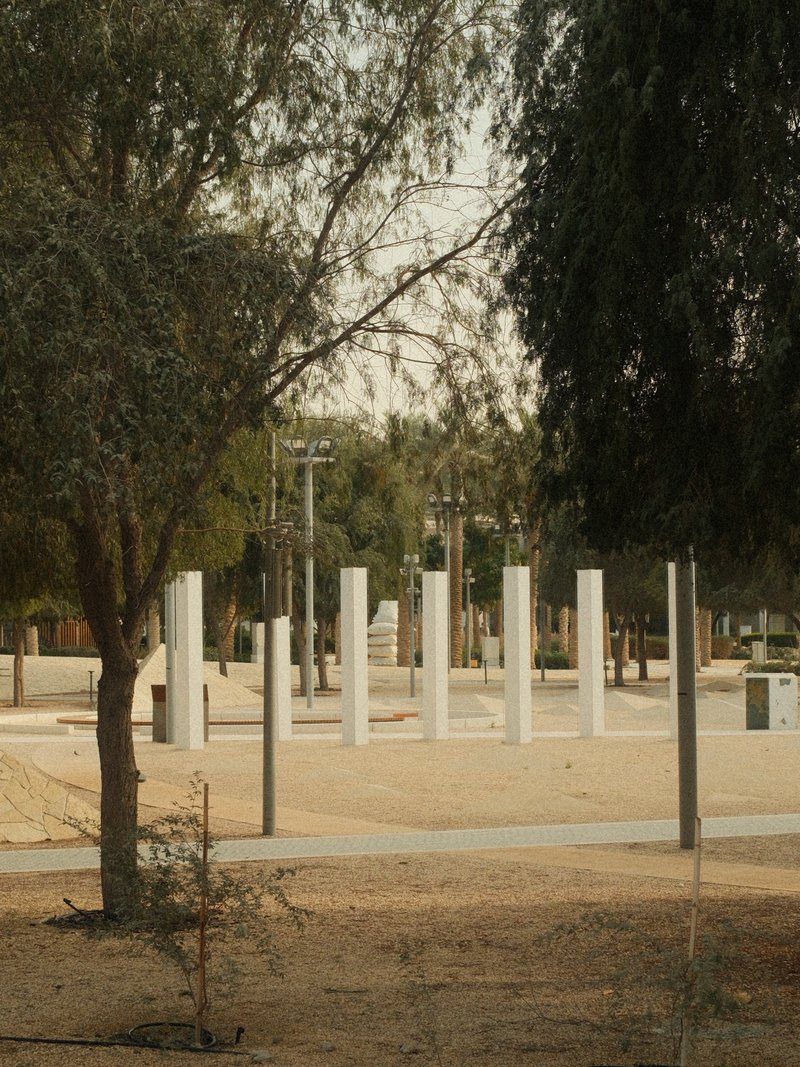 A park scene featuring tall white pillars surrounded by trees and sandy ground.