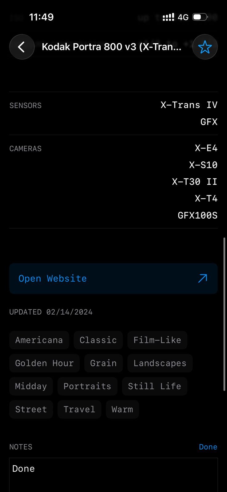 Screenshot of camera settings and film simulation details for a photo taken with Kodak Portra 800.