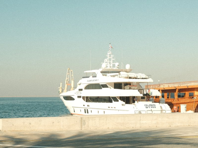 A white yacht docked by the seaside with calm waters and a clear sky.