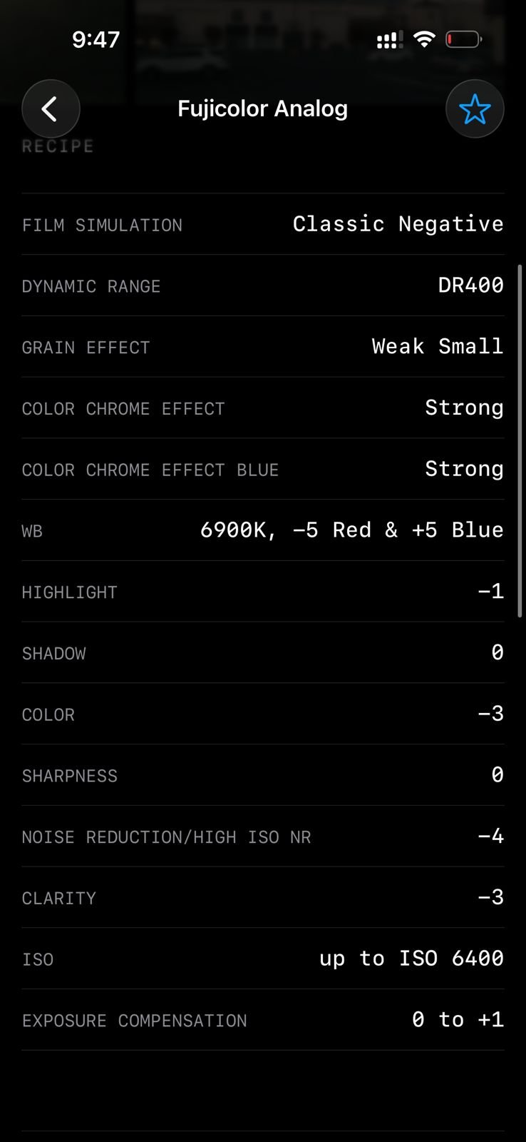 Settings for Fujifilm film simulation showing Classic Negative with various adjustments.