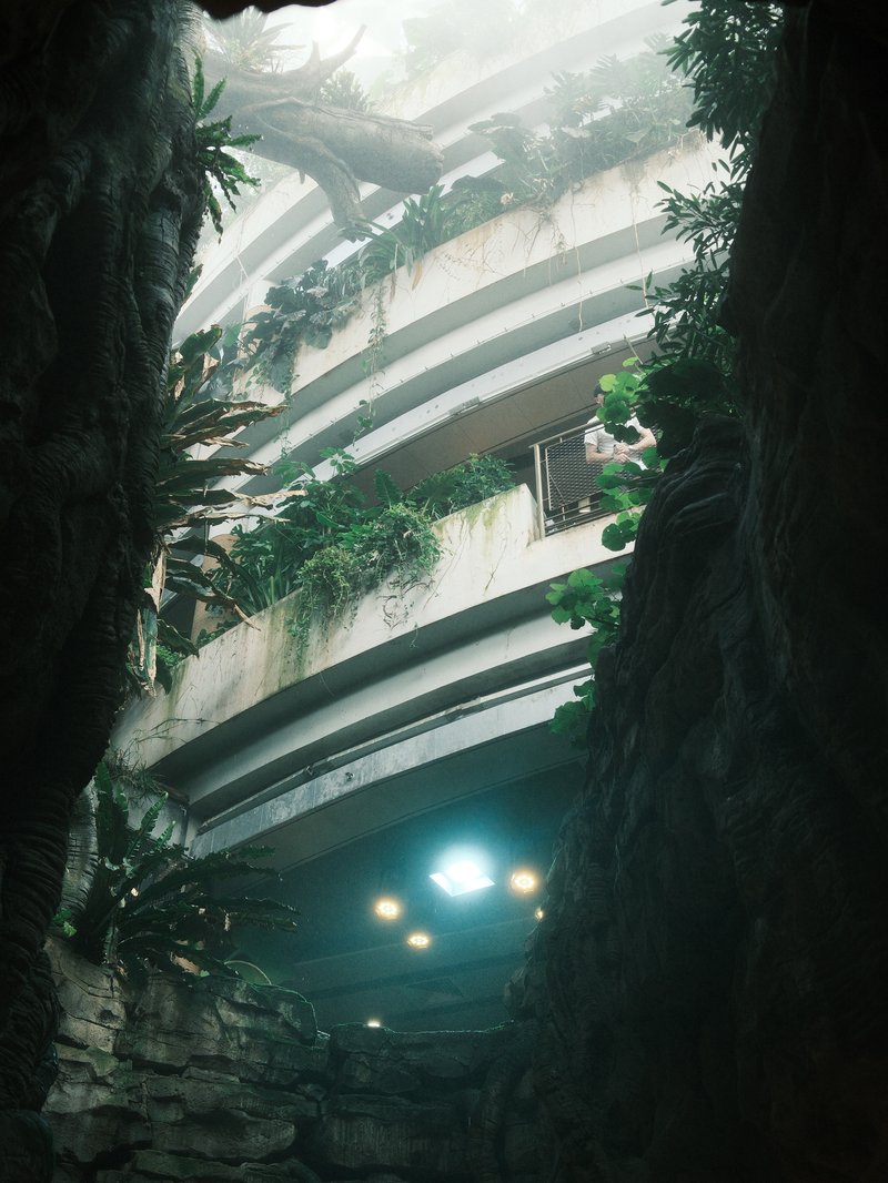 A misty view of a multi-level structure surrounded by lush greenery and rocky formations.