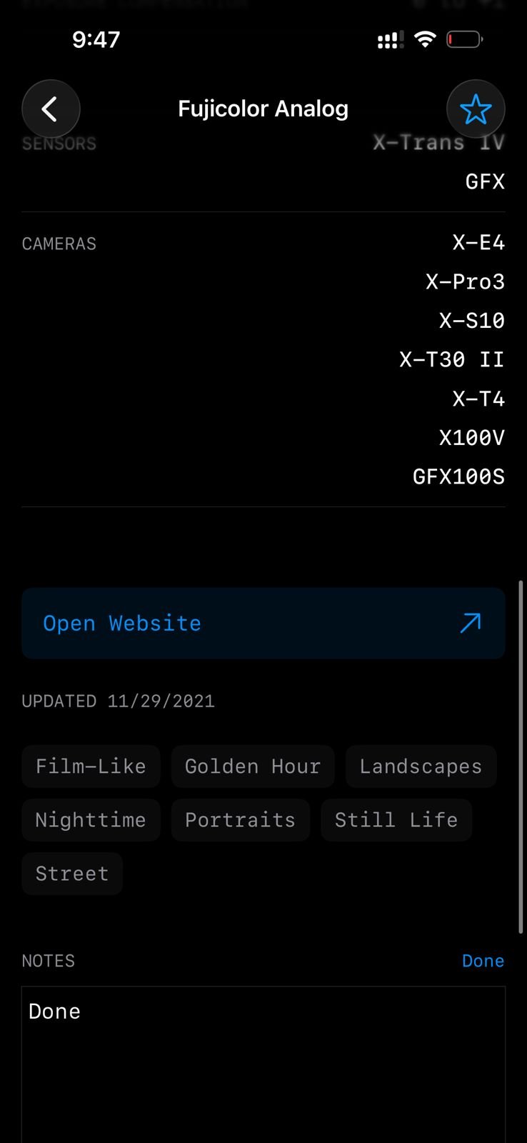 Screenshot of a digital interface displaying Fujifilm camera models and settings.