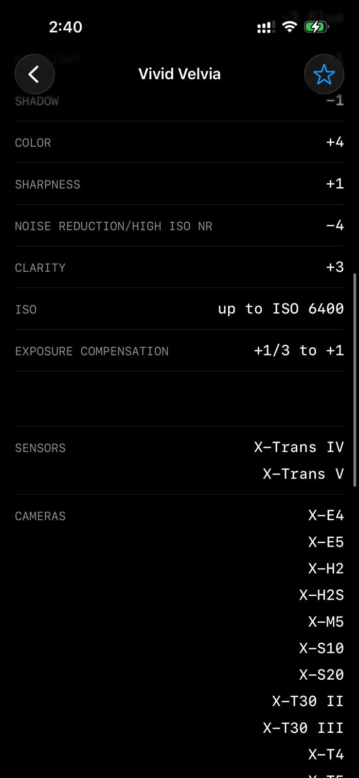 Settings for Fujifilm Vivid Velvia film simulation with various adjustments listed.