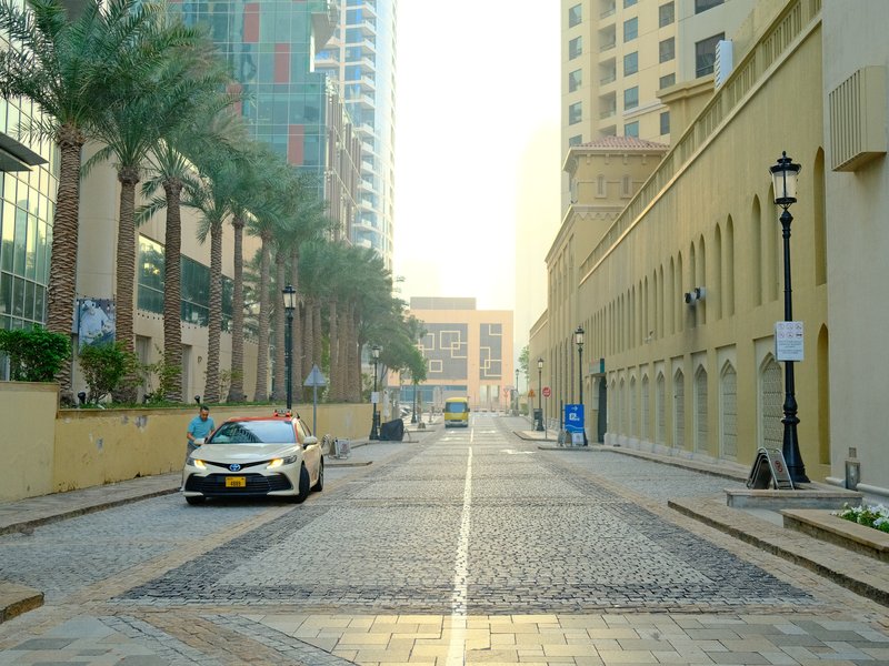A quiet urban street with palm trees and a car, bathed in soft morning light.