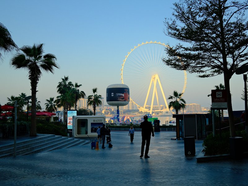Silhouette of a person walking towards a large ferris wheel at dusk, surrounded by palm trees.