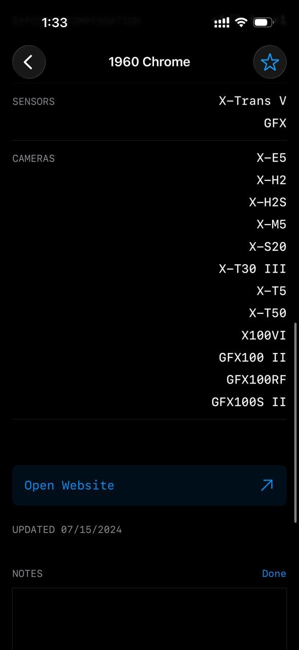Screenshot of camera settings and specifications for Fujifilm film simulation recipe '1960 Chrome'.