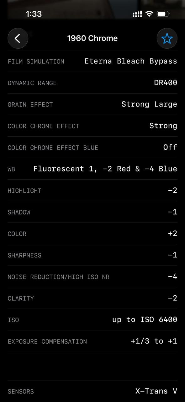 Settings for a Fujifilm film simulation recipe labeled '1960 Chrome' with various adjustments.