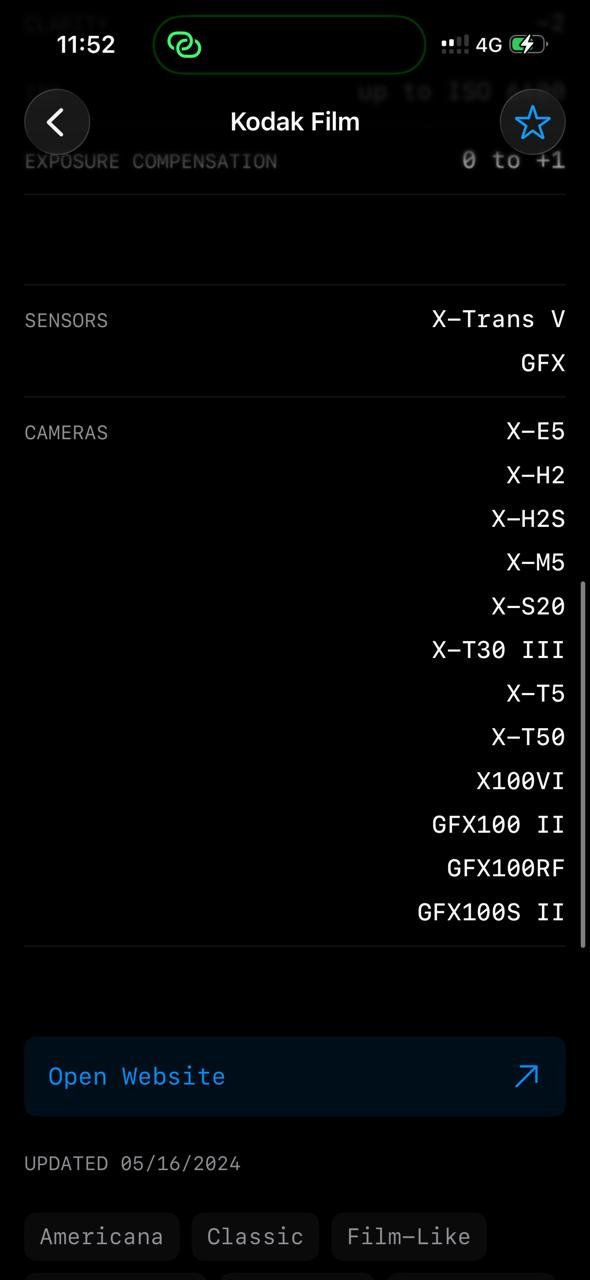 Screenshot of camera settings and film simulation options for Kodak Film.