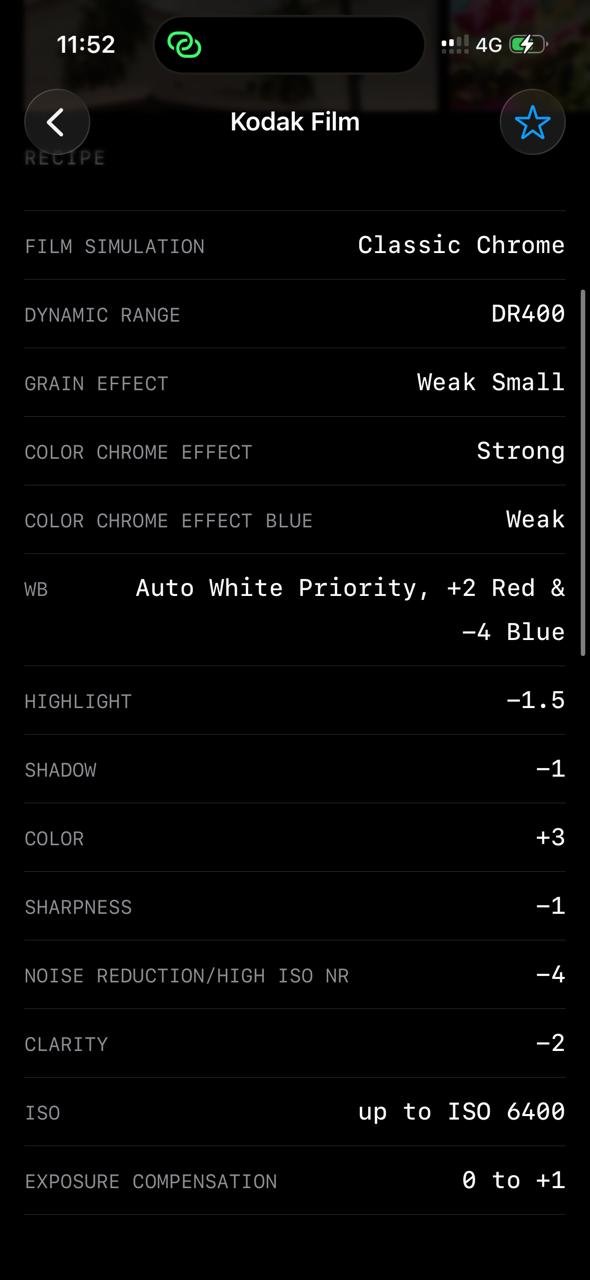 Image showing film simulation settings for Kodak Classic Chrome with various adjustments.