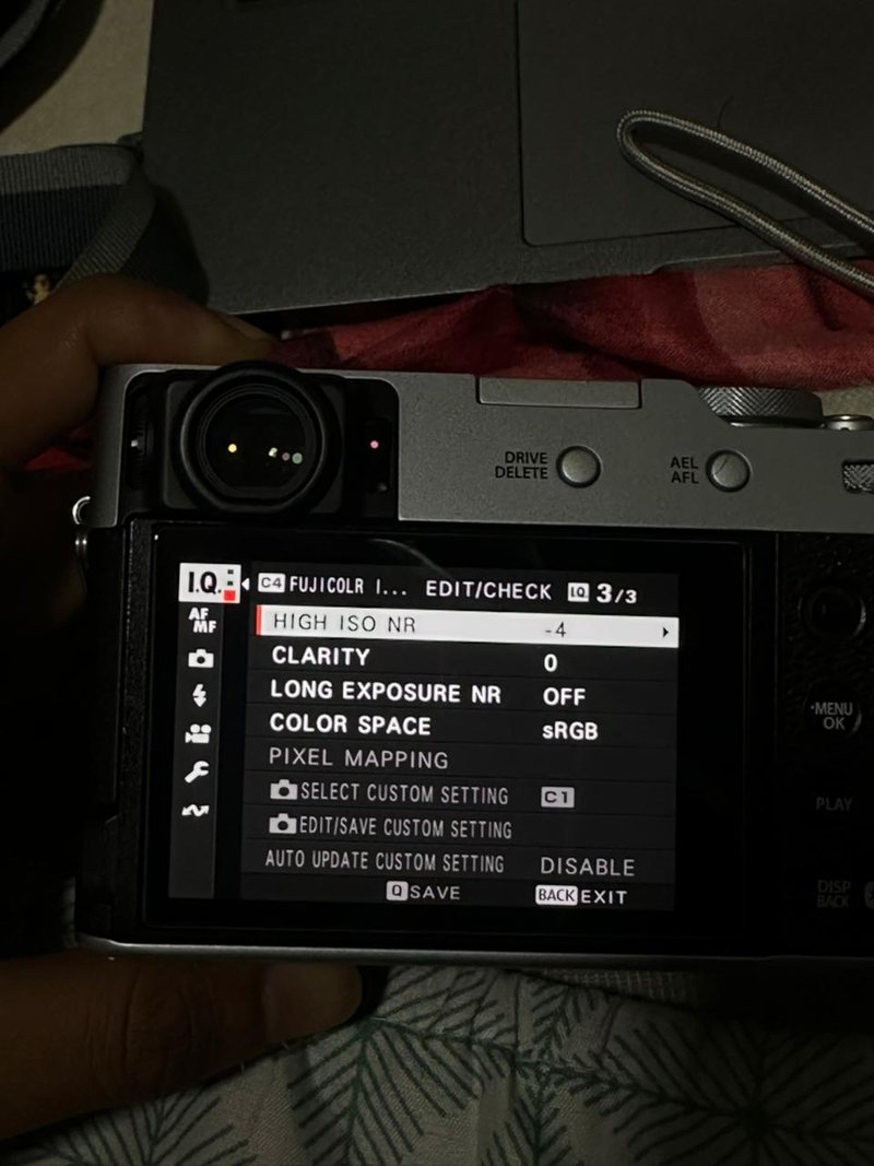 Close-up of a camera's settings menu displaying various options and adjustments.