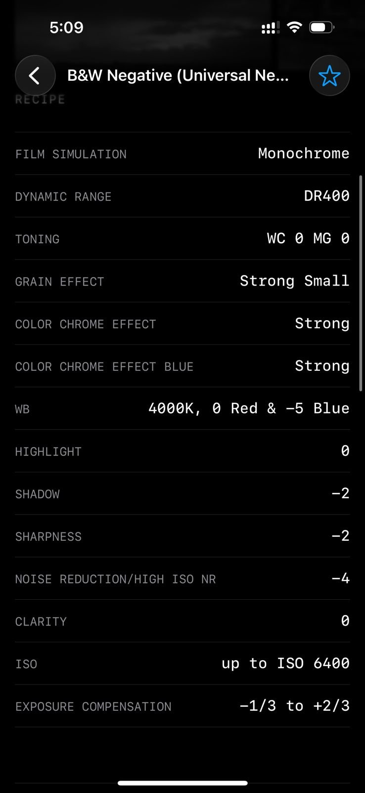 Black and white photo settings for Fujifilm film simulation with detailed parameters.