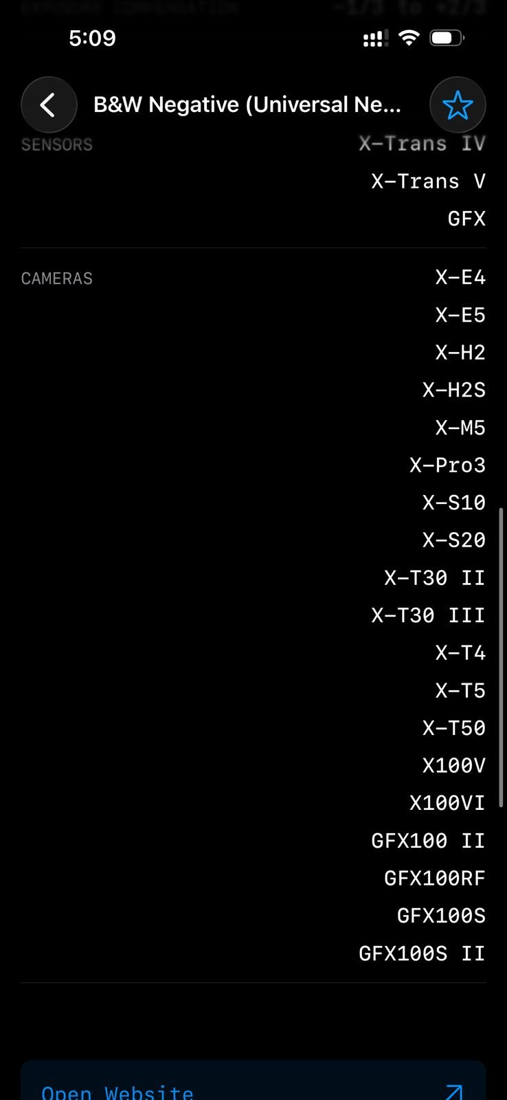 List of Fujifilm cameras and sensors with B&W Negative film simulation settings.