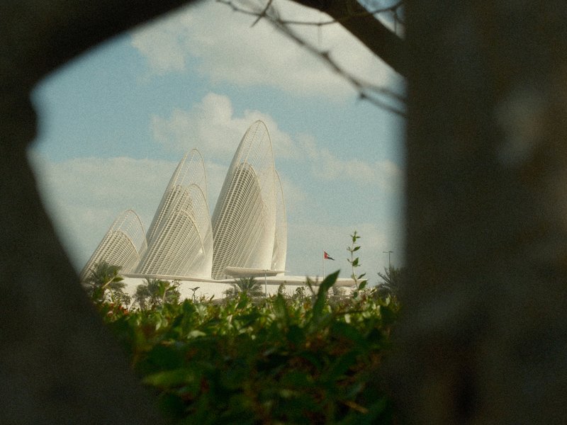 View of a modern architectural structure framed by foliage, with a cloudy sky in the background.