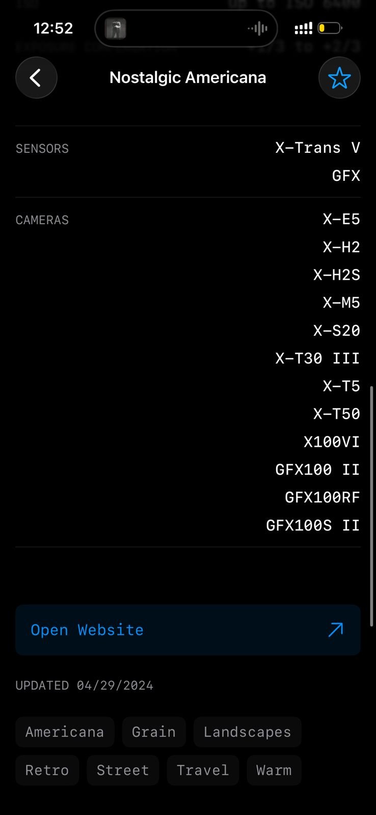 Screenshot of a digital interface displaying camera models and settings related to nostalgic americana photography.