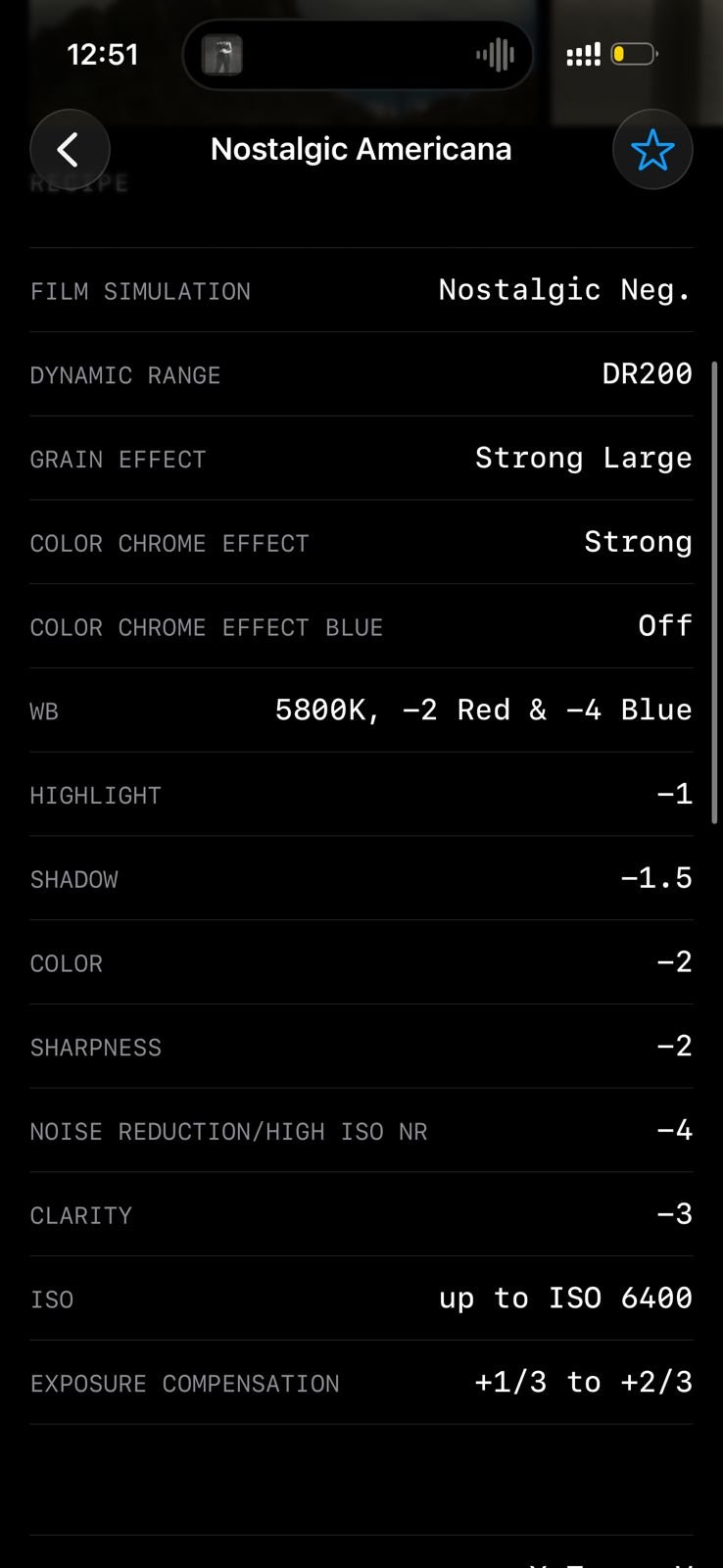 Settings for a Fujifilm film simulation recipe titled 'Nostalgic Americana' with various adjustments.