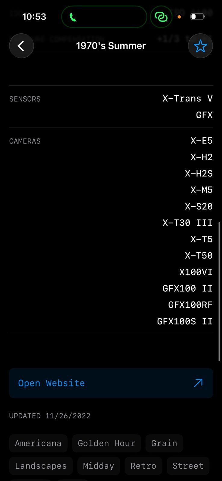 Screenshot of camera settings and film simulation recipes for Fujifilm photography.