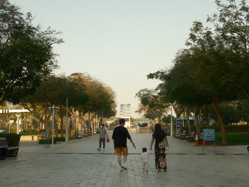 A family walking hand in hand along a tree-lined pathway in a park during the evening.