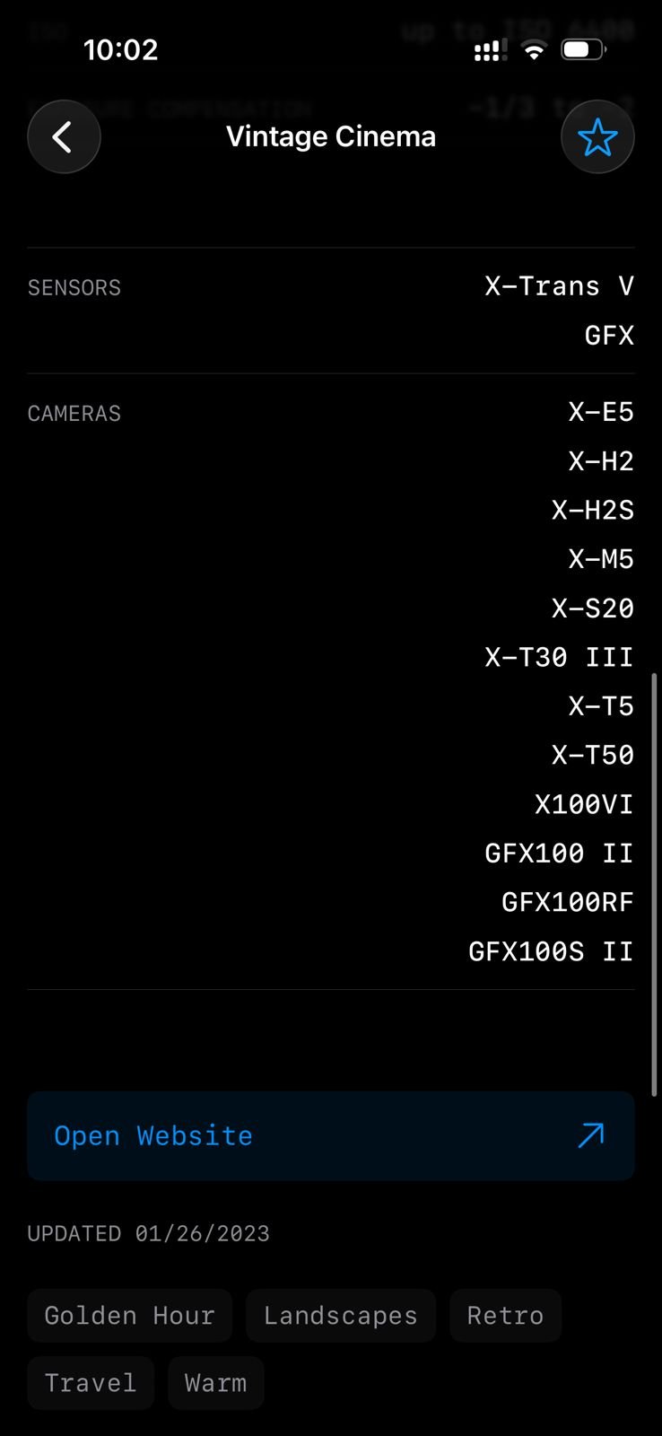 Screenshot of a mobile interface displaying camera and sensor information with a vintage cinema theme.