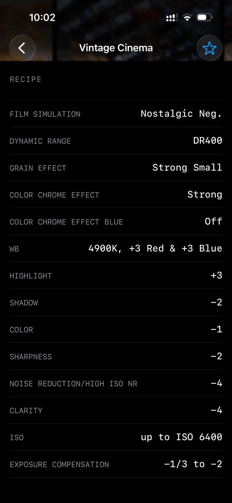 A smartphone screen displaying film simulation settings for a photo with a vintage cinema theme.