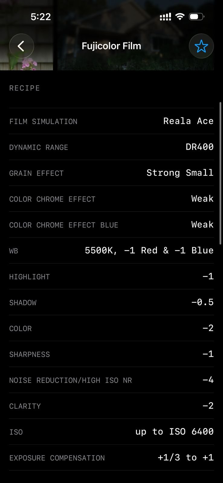 Settings for Fujifilm film simulation with various adjustments for color and exposure.