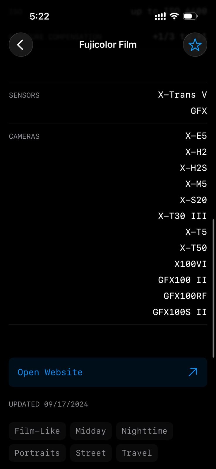 Screenshot of Fujifilm film simulation settings on a mobile device.
