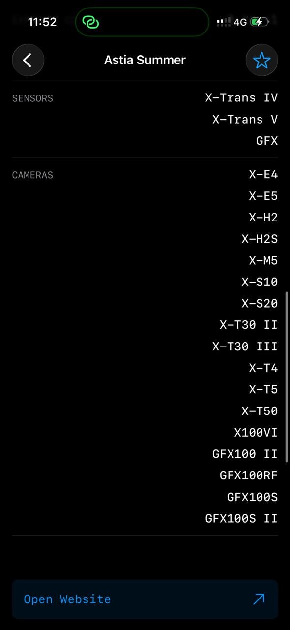 Screenshot of camera and sensor specifications for Fujifilm Astia Summer film simulation.
