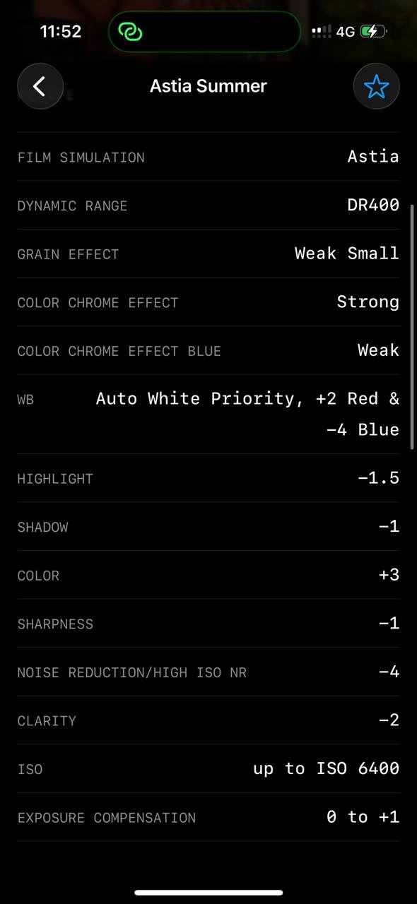 Settings for Fujifilm Astia Summer film simulation with various adjustments.