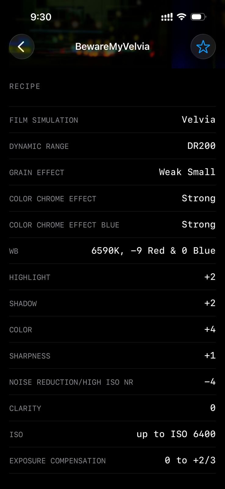 Screenshot of a mobile app displaying film simulation settings for a photo.