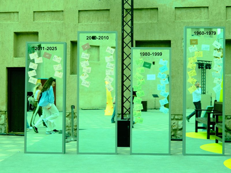 A series of reflective mirrors displaying different years with colorful notes and a person walking by.