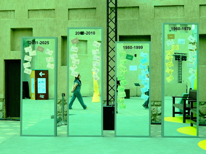 Four mirrored panels displaying different decades with a person walking by in a modern setting.