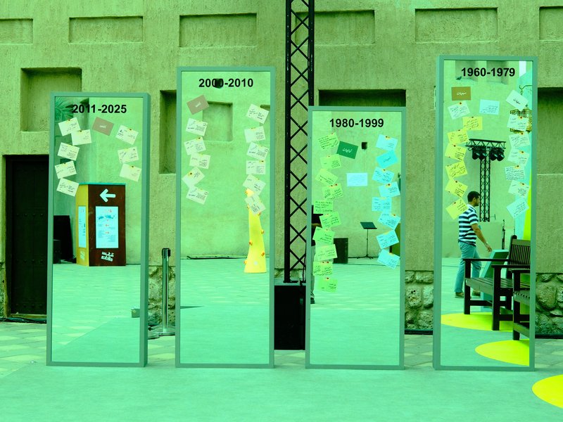 Four mirrors reflecting a colorful display of notes and a person in a casual setting.