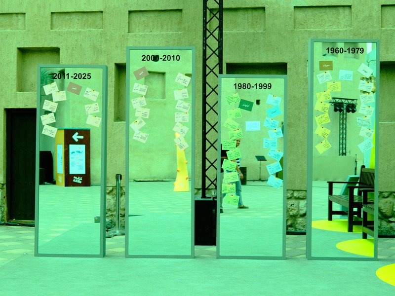 Four mirrors displaying different time periods with colorful notes and a chair in a modern setting.