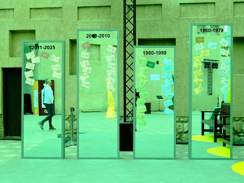A series of four mirrors reflecting a person walking, with notes and decorations on the mirrors.