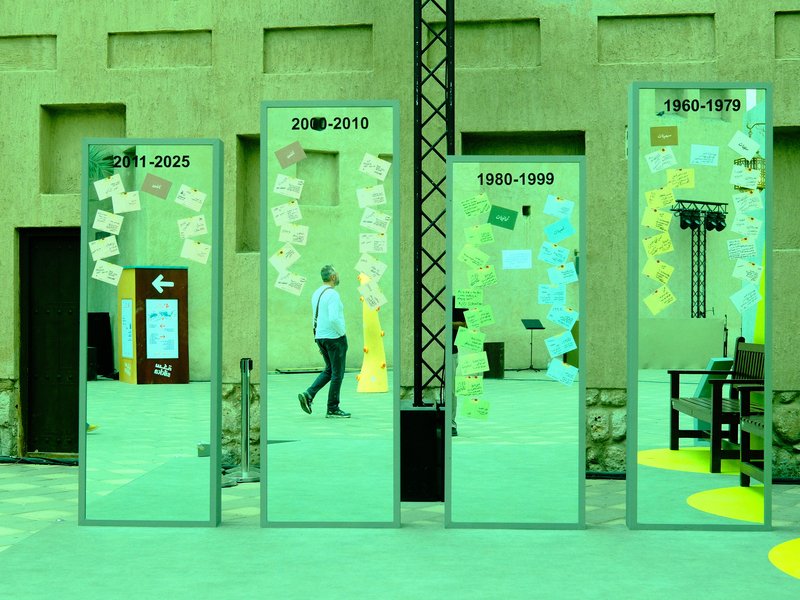 Four tall mirrors reflecting a person walking, with colorful notes and dates on the walls behind them.