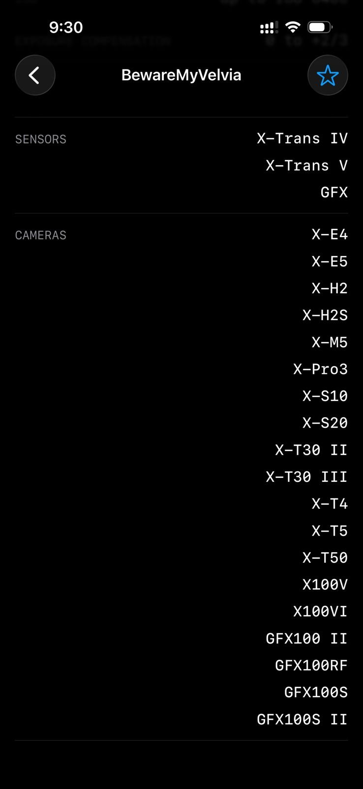 List of Fujifilm camera models and sensors displayed on a mobile screen.