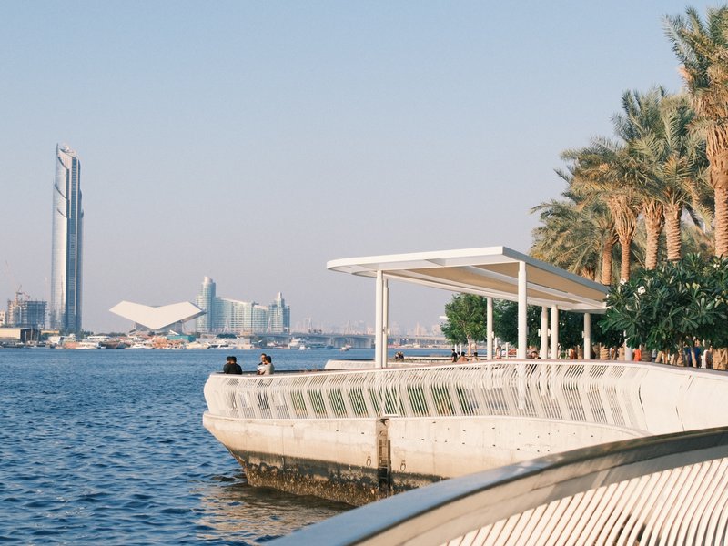 A waterfront scene featuring a modern skyline with palm trees and a walkway along the water.