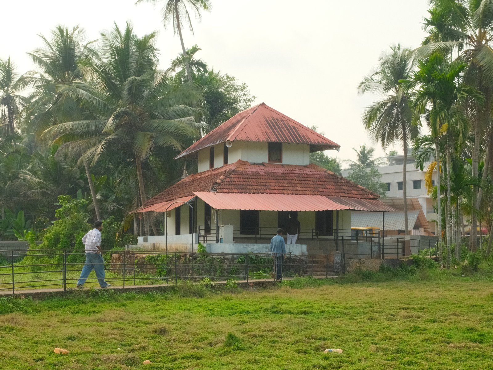 A traditional house with a red-tiled roof surrounded by palm trees and a grassy area.