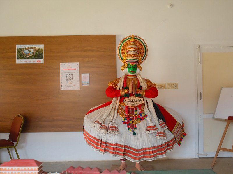 A traditional dancer in colorful attire stands against a wooden wall, showcasing intricate costume details.