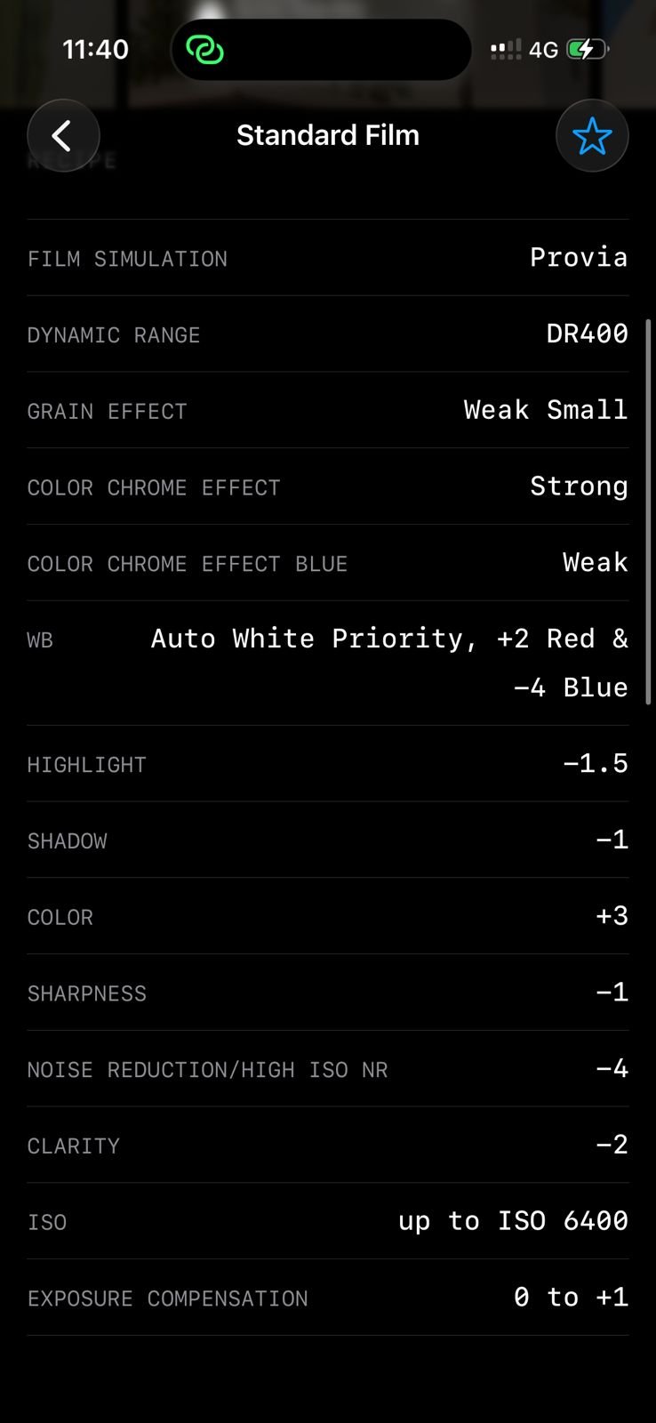 Settings for a Fujifilm film simulation recipe with various adjustments listed.