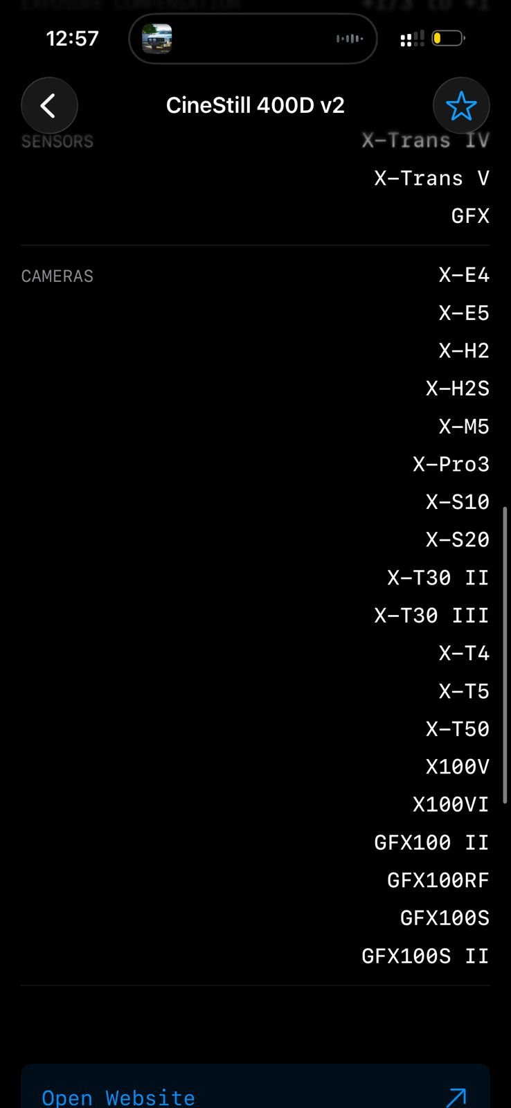 A screenshot displaying camera models and sensors compatible with CineStill 400D v2 film simulation.
