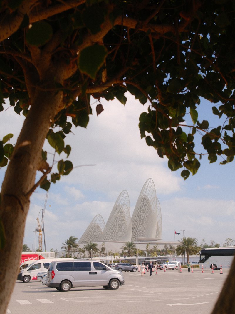 View of a modern architectural structure framed by tree branches, with cars parked nearby.
