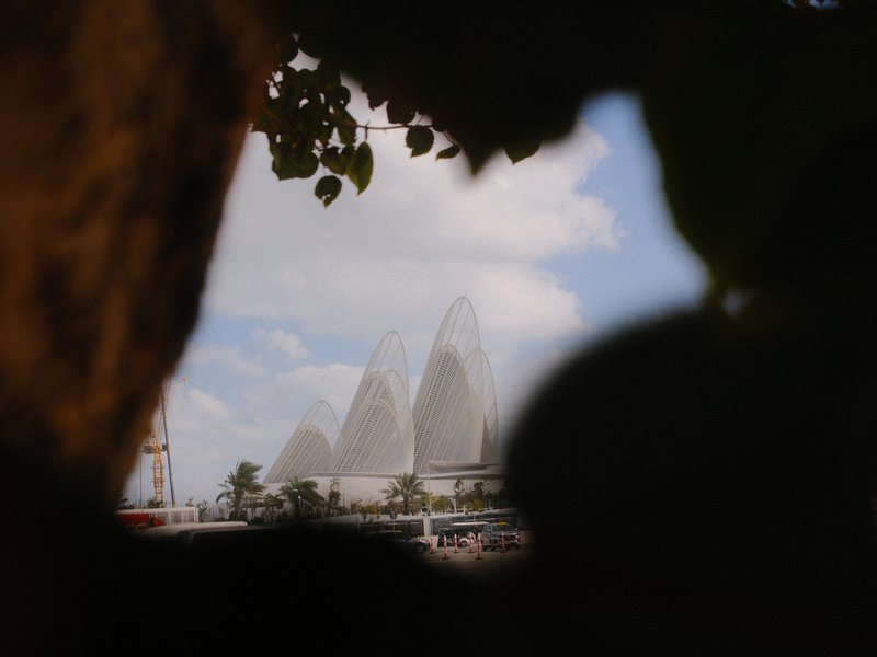 View of modern architecture through foliage, featuring distinctive pointed structures against a cloudy sky.