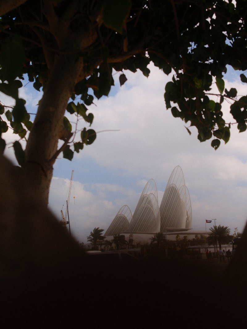 View of unique architectural structures framed by tree branches under a cloudy sky.