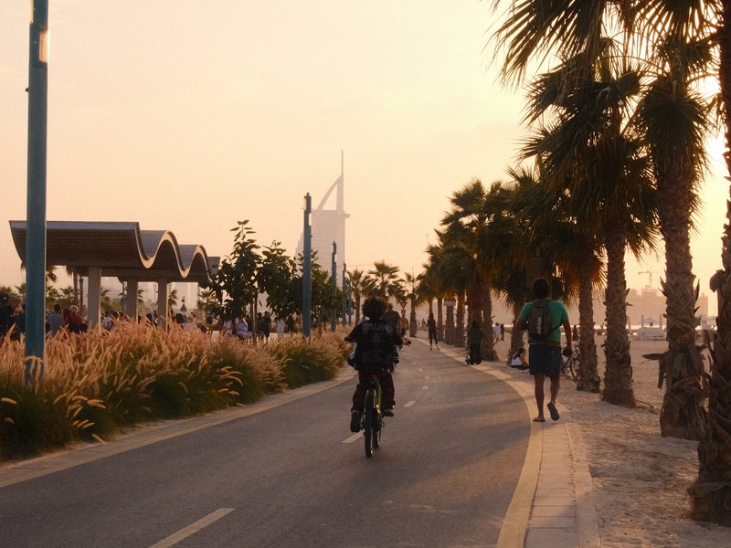 A cyclist rides along a palm-lined promenade at sunset, with people walking and a city skyline in the background.